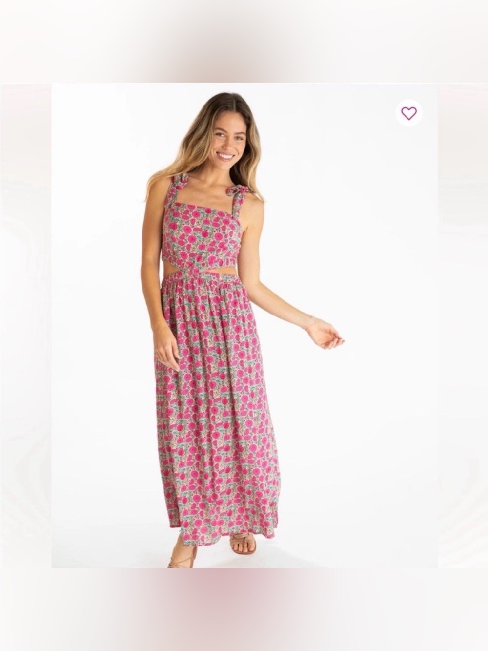 Natural Life Courtney Floral Maxi Puff Floral Pink Tie Shoulder Cutouts Dress S